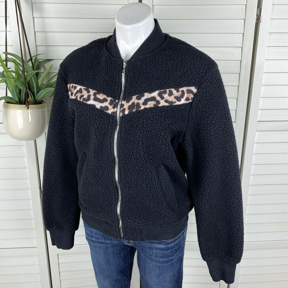 Zyia Active Leopard Flying V Teddy Fleece Jacket High Pile Black Zip Up Size S